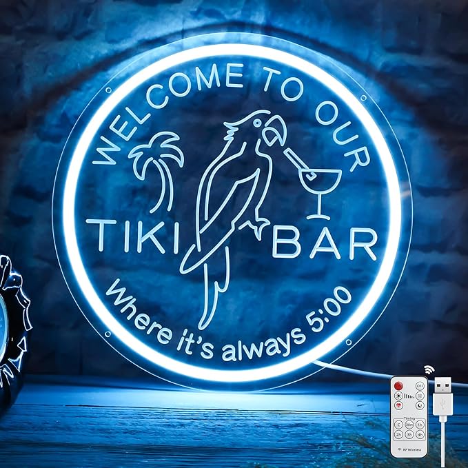 Tiki Bar Neon Sign for Bar Wall Decor, Timing Dimmable LED Neon Bar Lights, 3D Engraving Tiki Parrot Summer Light Up Signs for Home Pub Man Cave Club Restaurant Bistro Party, 12x12 Inch