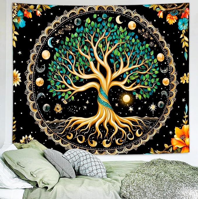 Delur Tree of Life Tapestry Moon Phase Nature Flower Plant Tapestry Wall Hanging Boho Mandala Spiritual Sun Aesthetic Psychedelic Headboard for Bedroom Living Room Home Decor (51.2" x 59.1")