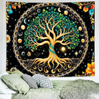 Delur Tree of Life Tapestry Moon Phase Nature Flower Plant Tapestry Wall Hanging Boho Mandala Spiritual Sun Aesthetic Psychedelic Headboard for Bedroom Living Room Home Decor (51.2" x 59.1")