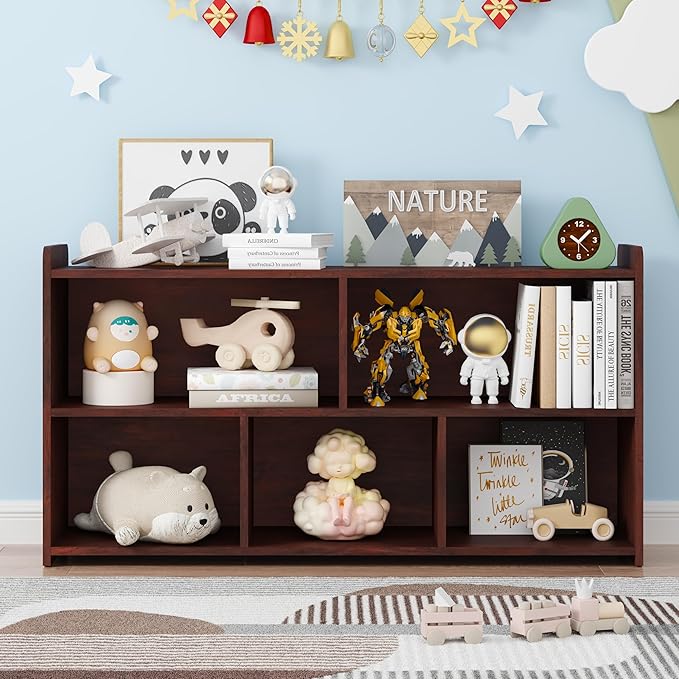 Book Shelf Set of 2, 5 Cubes Storage Organizer, Open Shelf Wooden Bookcase, Freestanding Cherry Bookshelf Cube Shelf for Bedroom, Living Room, Home Office