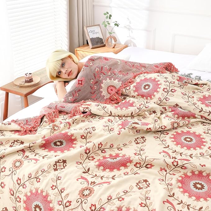 Snycler Boho Throw Blanket for Bed - 100% Cotton Ultra Soft Rustic Quilt - Pink Boho Floral Printed Farmhouse Decor Bed Blankets, 80"×90" All Season Rustic Throw for Sofa Couch Chair