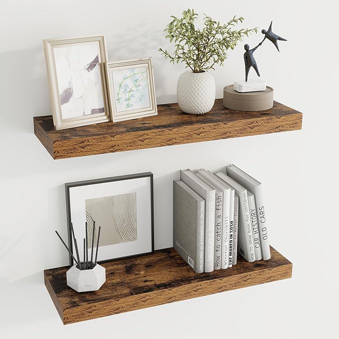 24 inch Floating Shelves Long Floating Shelves for Wall Large Wall Mounted Shelves with Invisible Brackets, Brown Shelves for Bathroom, Living Room, Kitchen, Office, 24x6.7 inch deep Set of 2