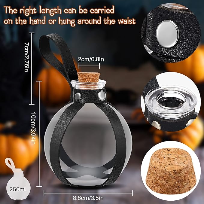 Patelai 2 Pcs Halloween Glass Potion Bottles with Belt Cork Renaissance Witch Costume Accessories Witch Props Potion Bottle for Halloween Party Decor Cosplay DIY Crafts Gift (Black,Brown)