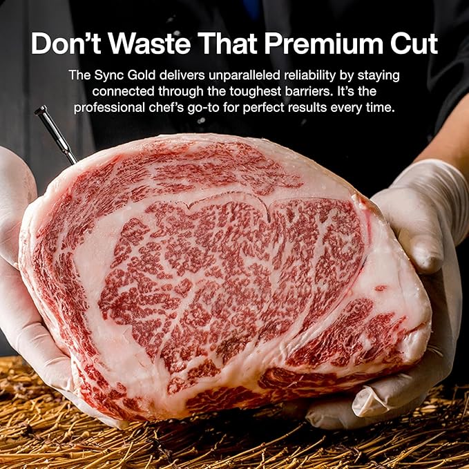 Sync Gold Wireless WiFi Meat Thermometer, 2 Slim Probes, 6 Sensors, 10x Stronger Signal, ±0.5℉ Accuracy, Smart Base Direct Setup, Reliable Reading Through Kamado Grill, BBQ, Oven, Smoker, Air Fryer