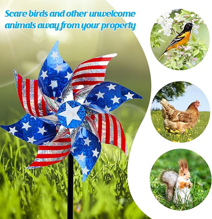 Hausse 10 Pack Reflective Pinwheels Patriotic Decorations, American Flag on Stick Wind Spinner with Stake for Independence Day, Memorial Day July of 4th Party Supplies, Scare Birds Repellent Devices