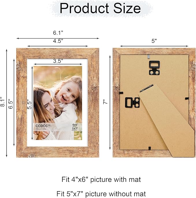 5x7 Picture Frame Set of 4, 5 x 7 Wood Photo Frames with Mat for 4x6, Natural Wooden Frame with Real Glass Cover for Wall and Tabletop Display,Brown