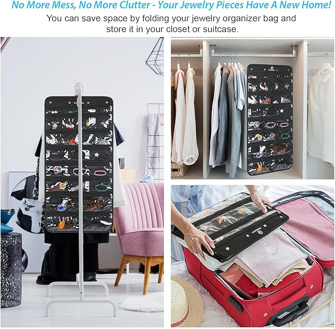 Freegrace Hanging Jewelry Organizer Revolving Hanger - Secure Zipper Closure - 50 Pockets - Foldable Storage & Display Solution - for All Jewelry & Bijoux (Black)