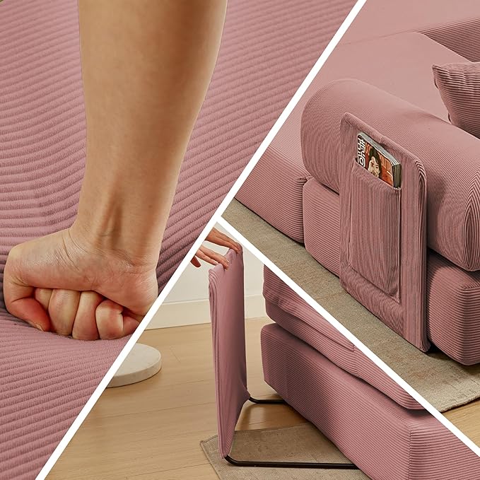 107" Oversized Convertible Sleeper Sofa Bed, Corduroy L Shape Sectional Couch, Folding Sofa Bed with Side Pocket, Modern Cloud Floor Mattress Couch, Modular Sofa for Living Room, Pink