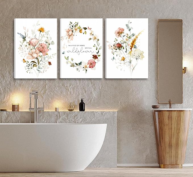 3Pcs Framed Watercolor Flowers Canvas Wall Art In A Field Of Roses She Is A Wildflower Painting Picture Wall Decor Pink wreath Poster Print Artwork for Nursery living room Girls Room Home Decoration