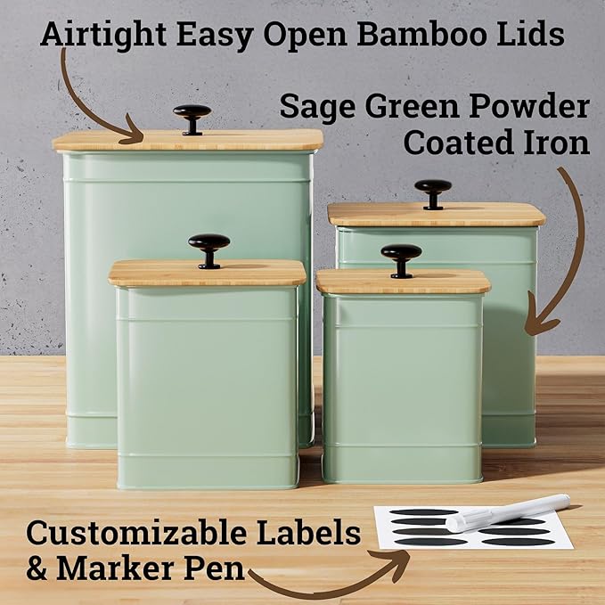 Kitchen Canisters for Countertop Set of 4 with Customizable Chalkboard Labels & Marker Pen - Big Iron Kitchen Canisters with Airtight Lids - Sage Green Canister Set - Flour and Sugar Containers