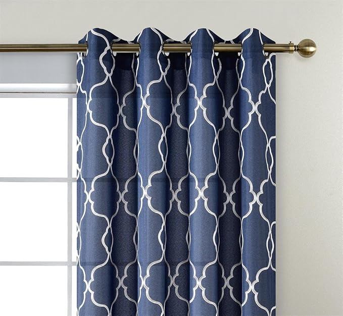 MIUCO Moroccan Embroidered Semi-Sheer Curtains Faux Linen Grommet Window Panels for Doors 52 x 95 Inch 2 Panels, Navy Blue