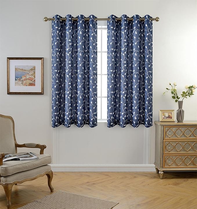 MIUCO Floral Embroidery Semi Sheer Curtains Faux Linen Grommet Window Curtains for Living Room 52 x 63 Inch 2 Panels, Navy Blue