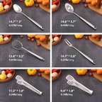 18/10 Stainless Steel Kitchen Utensils Set - 12 PCS All Metal Cooking Tools & 15″ Serving Utensils - Potato Masher, Meat Fork, Tongs, Turner, Pasta, Serving Spoon, Skimmer, Ladle, Spatula Spoon Set
