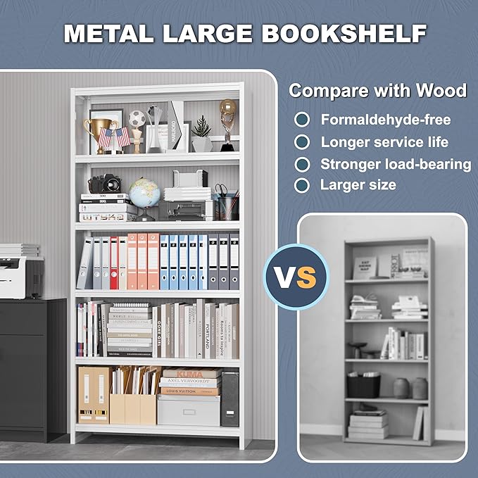 69" Tall Bookcase, 5-Tier Wide Bookshelf, Library Book Case with Display Shelf, Lightweight Metal Bookshelves, Industrial Book Shelf for Home, Office, Library, and School (White)