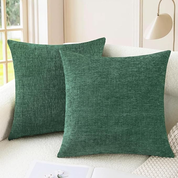 CaliTime Throw Pillow Covers Decorative 16 X 16 Inches Pack of 2 Cozy Chenille Cushion Cases for Couch Sofa Bed Living Room Home Dark Green