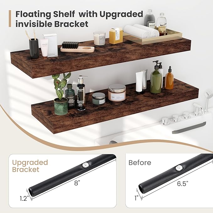 Heimlove 24 x 12 Inch Deep Floating Shelves Wall Mounted with Invisible Brackets,Storage Hanging Shelf for Wall Decor in Bathroom, Bedroom, Kitchen, Living Room, Office Set of 2 (Rustic Brown)