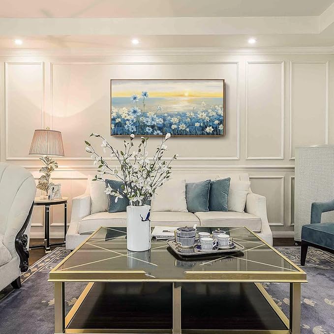 Large Framed Wall Art for Living Room Bedroom Office Decor, Modern Beach Canvas Wall Art Coastal Ocean Nature Blue Artwork Floral Sunrise/Sunset Zen Landscape Flower Wall Picture 48x24“