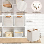 danpinera Set of 3 11 Inch Storage Baskets, Cube Storage Bins, White Woven Baskets with Stable Leather Handles, Square Cotton Rope Bins for any Room, Easy to Recover