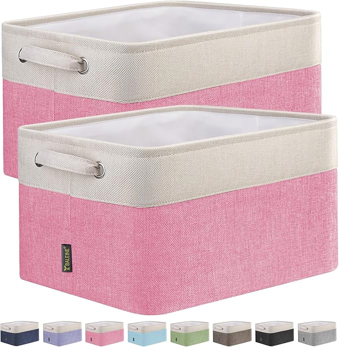 BALEINE 2 Pack Fabric Storage Bins for Shelves, Linen Storage Baskets for Organizing, Decorative Closet Bins for Clothes, Home (Pink, 12"x8"x8")