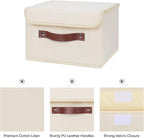 ANMINY Storage Bin with Lid Storage Boxes with PU Leather Handles PP Plastic Board Decorative Foldable Lidded Cotton Linen Fabric Home Cubes Baskets Closet Organizer Container - Beige, Small Size