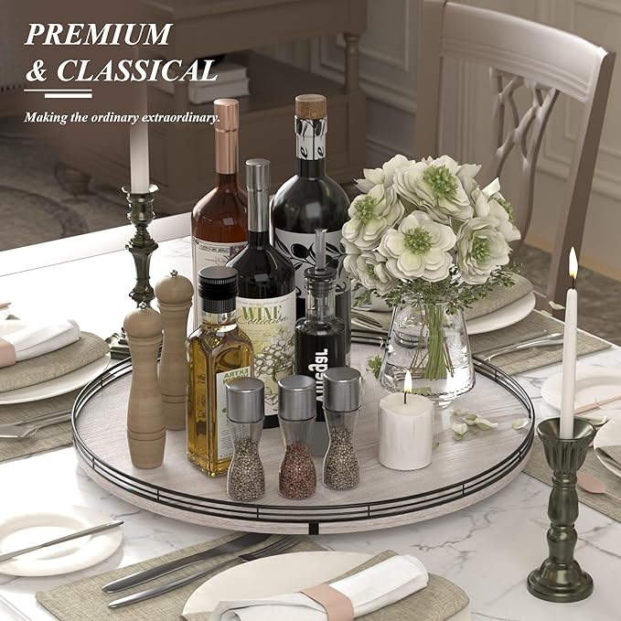 21" Lazy Susan Wood Turntable Organizer for Kitchen Decor, Farmhouse Round Wooden Lazy Susan Organization and Storage for Cabinet, Dining Table, Pantry, Bathroom, Countertop, Centerpiece, Home Decor