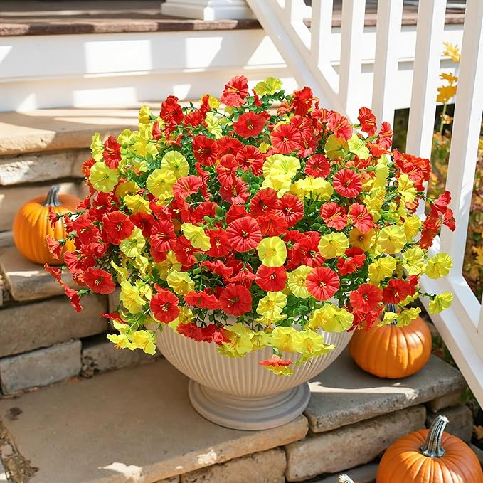 Artificial Mums for Outdoors Fake Fall Flowers Plants for Autumn Decoration, 12 Bundles Silk Morning Glory with Eucalyptus Look Real UV Resistant Faux Mums for Outside Planters Yard Patio Porch, Mix