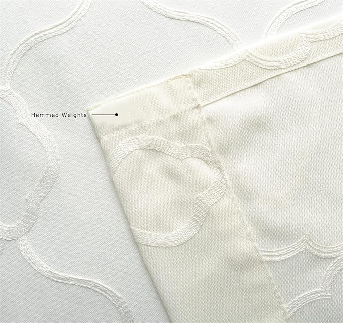 MIUCO Moroccan Embroidered Semi Sheer Curtains Faux Linen Grommet Curtain Panels for Living Room 52 x 95 Inch 1 Pair, Off White