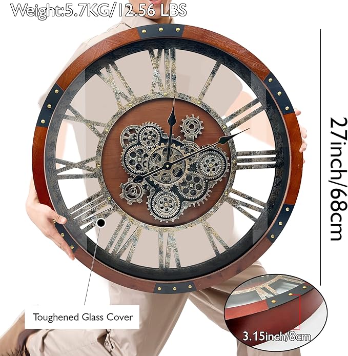 Large Wall Clock for Living Room Decor, 27 Inches Oversized Vintage Wood Decorative Steampunk Farmhouse Wall Clock for Rustic, Retro, Industrial,Kitchen,Office,Working Gears