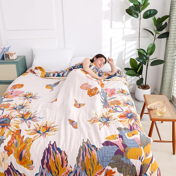 Snycler Boho Throw Blanket for Bed - 100% Cotton Ultra Soft Rustic Quilt - Watercolour Floral Printed Farmhouse Decor Bed Fall Blankets,80"×90" All Season Rustic Throw for Sofa Couch Chair