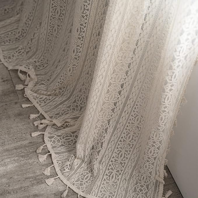 Sutuo Home Boho Curtain Crochet Lace Semi-Sheer Florals Hollow Knitted Handmade Tassels, Rod Pocket Window Treatment Vintage Rustic Farmhouse Drapes for Living Bedroom, 1 Panel 59" W x 72" L, Beige