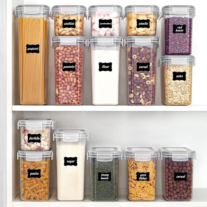 Vtopmart Airtight Food Storage Containers with Lids, 24 pcs Plastic Kitchen and Pantry Organization Canisters for Cereal, Dry Food, Flour and Sugar, BPA Free, Includes 24 Labels，Gray