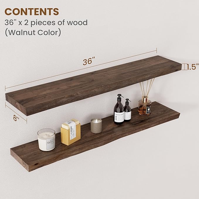 Floating Shelves for Wall Decor, Rustic Solid Elm Wood Live Edge Floating Shelves Wall Mounted, Wall Shelves with Invisible Bracket for Living Room Bathroom Bedroom Kitchen, 36 Inch Set of 2, Walnut