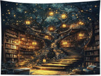 HVEST Fantasy Library Bookshelf Wall Tapestry Fairytale Tree Magic Bookshelf Tapestry Wall Hanging Retro Vintage Tapestries for Classroom Study Room Bedroom Living Room Dorm, 70.9L x 92.5W Inches