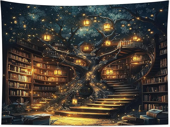 HVEST Fantasy Library Tapestry Fairytale Tree Vintage Bookshelf Tapestry for Bedroom Retro Bookshelf Book Wall Decor for Classroom Study Room College Room Dorm, 40L x 60W Inches