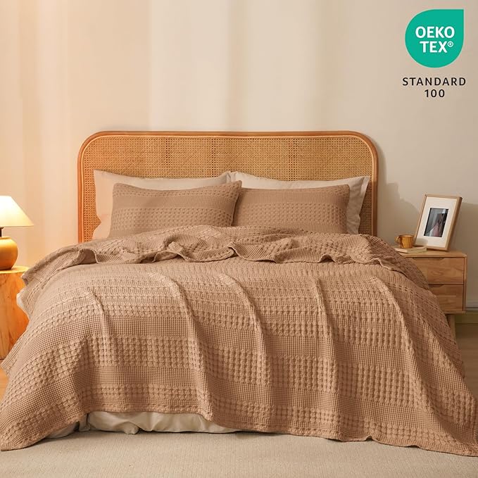 PHF 100% Cotton Waffle Weave Blanket Twin Size, Soft Lightweight Breathable Cozy Summer Blankets for Bed, Luxury Aesthetic Woven Bedding for Home Decor, 66"x90", Camel