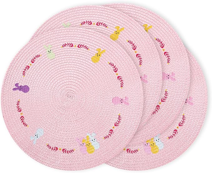 Whaline 4Pcs Round Bunny Easter Placemats Pink Rabbit Embroidered Place Mats Spring Cute Rabbit Dinner Table Mat Easter Dining Kitchen Table Mats for Home Wedding Baby Shower Birthday Party Decor