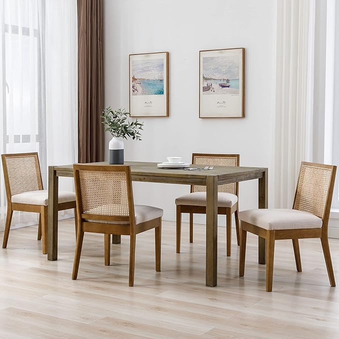 VESCASA Upholstered Dining Chairs with Square Rattan Back, Armless Padded Linen Cushion Dining Chairs with Wood Legs for Dining Room, Kitchen, Set of 6, Natural Frame