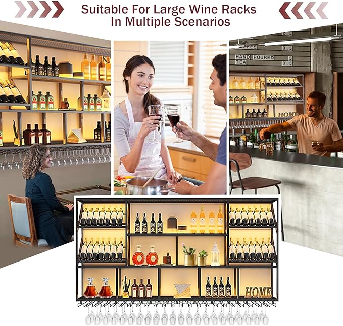 51Inch Wall Mounted Wine Rack, 3 Tiers Large Bar Shelves with 12 Glass Holder, Metal Wine Bottle Display Shelf, Modern Iron Liquor Shelf, for Kitchen Dining, Home Bar, Cellar (51.1" W)