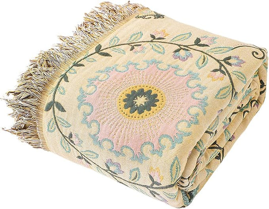 Snycler Boho Throw Blanket 60"x80" - 100% Cotton Ultra Soft Rustic Quilt, Green Floral Printed Farmhouse Decor for Bed, Sofa, Couch, Chair - All Season Cozy Blanket