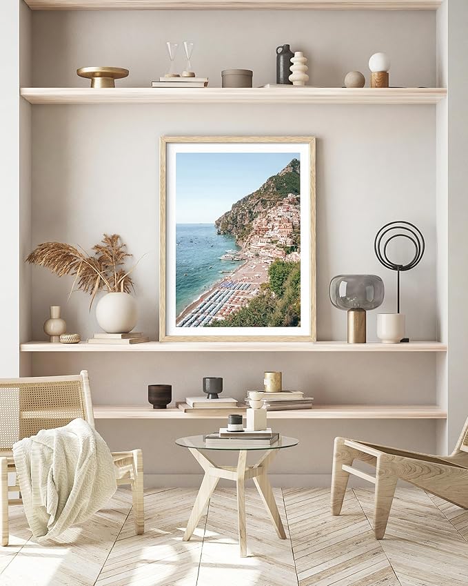 HesenDot Natural OAK Wood Framed Italian Positano Beach Wall Art,12x16in Amalfi Coast Canvas Wall Print,Summer Coastal Landscape Poster Wall Decor for Living Room,Bedroom,Office Gallery Set of 1