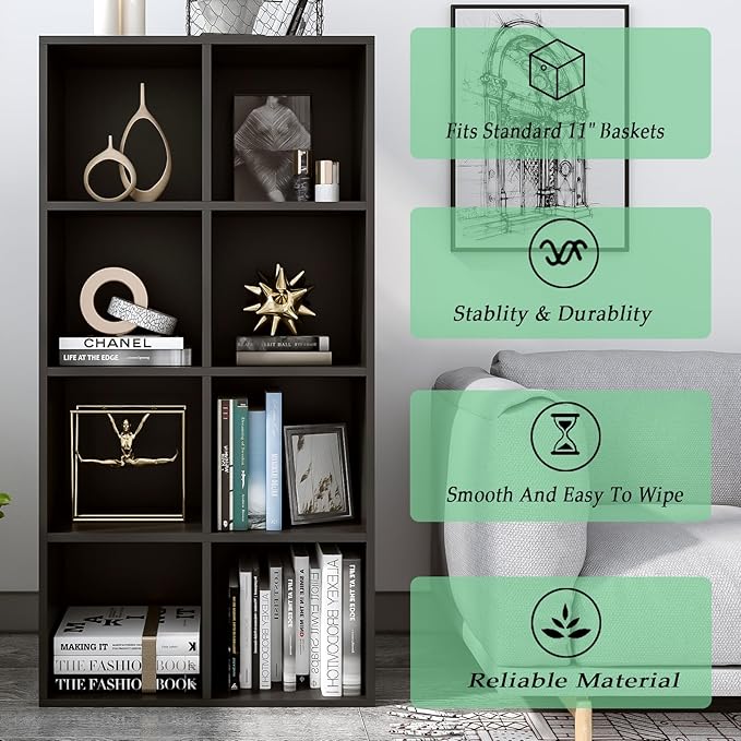 8-Cube Storage Shelf Bookcase - Wooden 4-Tier Floor Standing Open Bookshelf, Modern TV Stand up to 55 Inchs for Home and Office, Black