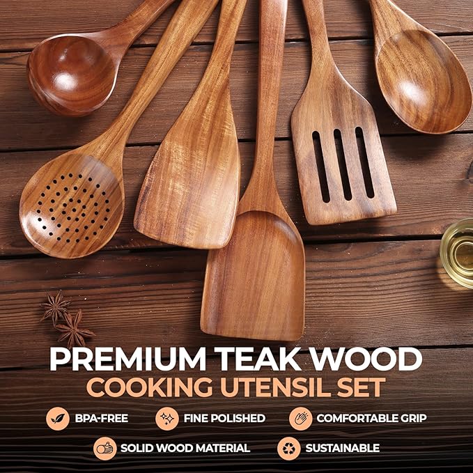 AIUHI Nonstick Natural Wooden Kitchen Utensils Set, Smooth Finish Teak Wood Spoons for Cooking, Comfortable Grip Spatula for Elaborate Cooking 6Pcs