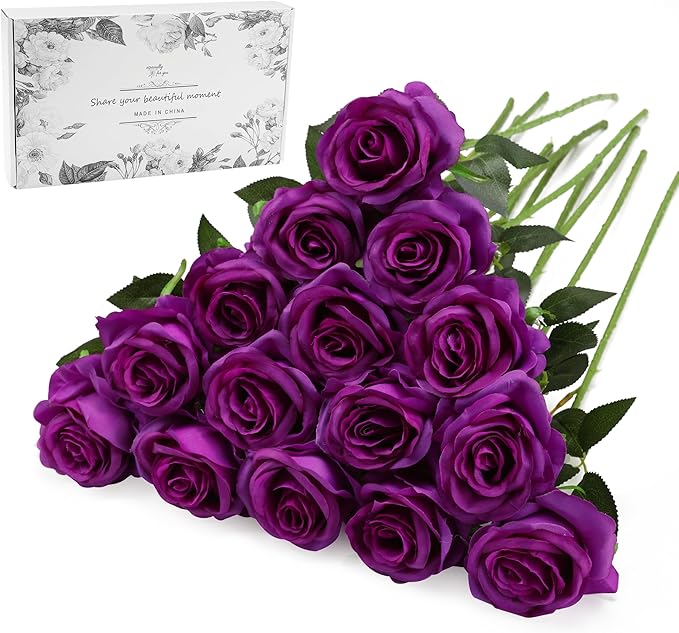 Purple Fake Roses Artificial Flowers - 16 Pcs Fake Artificial Roses Silk Flowers with Stems for Home Wedding Hotel Office Centerpiece Decor