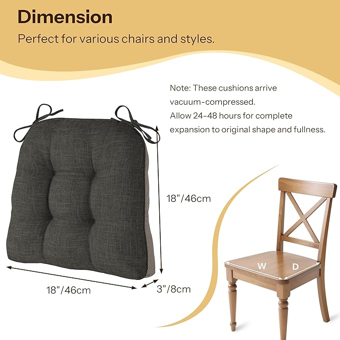 Non Slip Chair Cushions for Dining Chairs Set of 4 Kitchen Chair Cushions 18"x18"x3" Turfted Chair Pads Comfortable and Soft Seat Cushion with Ties, Dark Grey