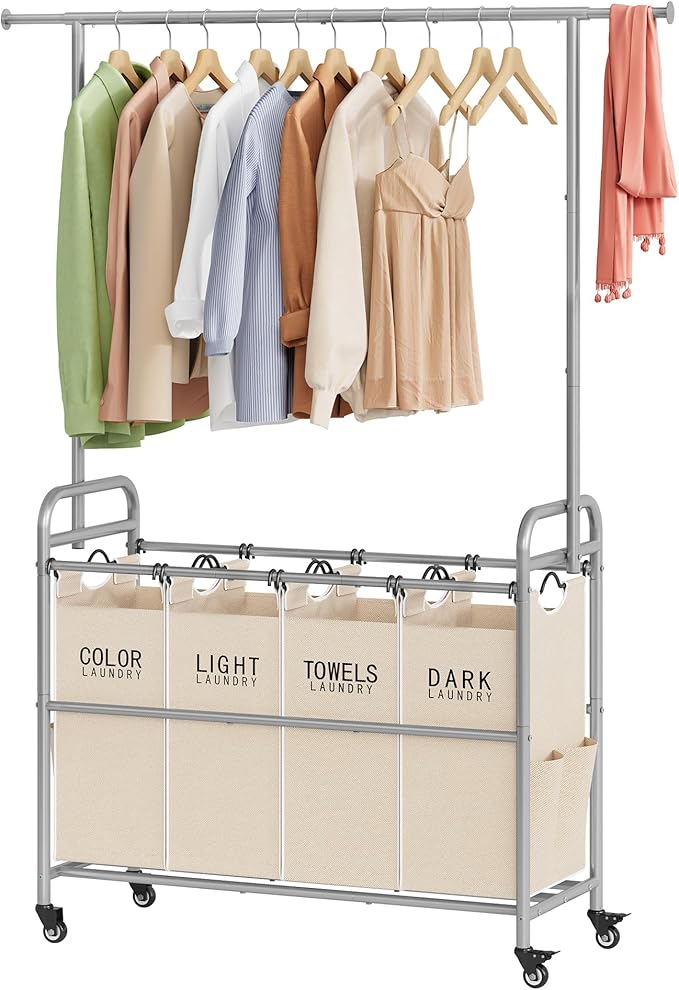 Tajsoon Laundry Hamper with Hanging Rack, Laundry Sorter 4 Sections, 4 Basket Butler with Lockable Wheels and Removable Bag, Rolling Laundry Cart for Bedroom, Beige