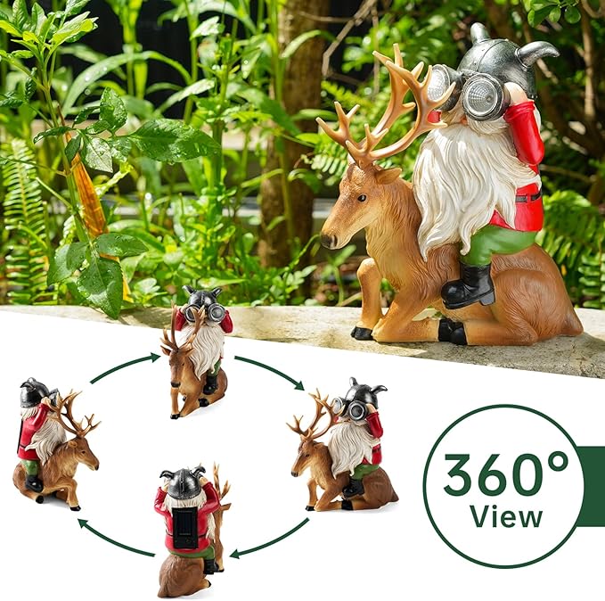 Garden Gnome Statues Resin Gnome Sitting On Deer Statues Solar Lights Outdoor Telescope Gnome Gifts for Yard, Patio Decor Gift (Deer Gnome)