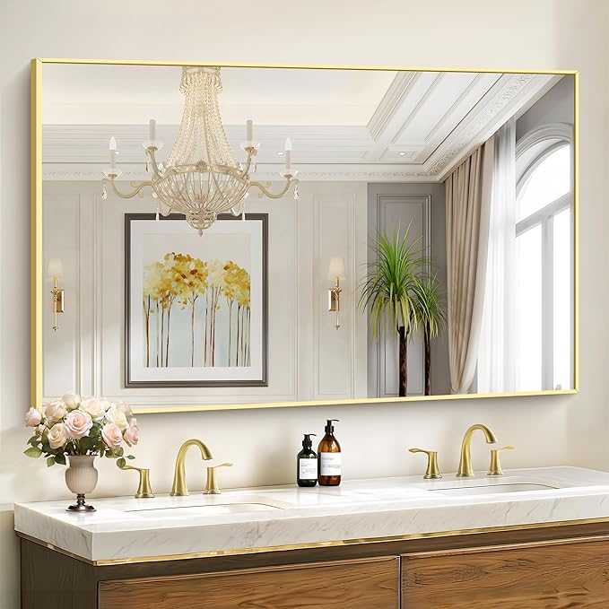 36x55inch Bathroom Mirror, Gold Rectangle Mirror with Thin Metal Frame, Large Rectangular Wall Mirror for Bathroom, Living Room, Hair Salon, Big Farmhouse Mirror Hang Horizontal/Vertical