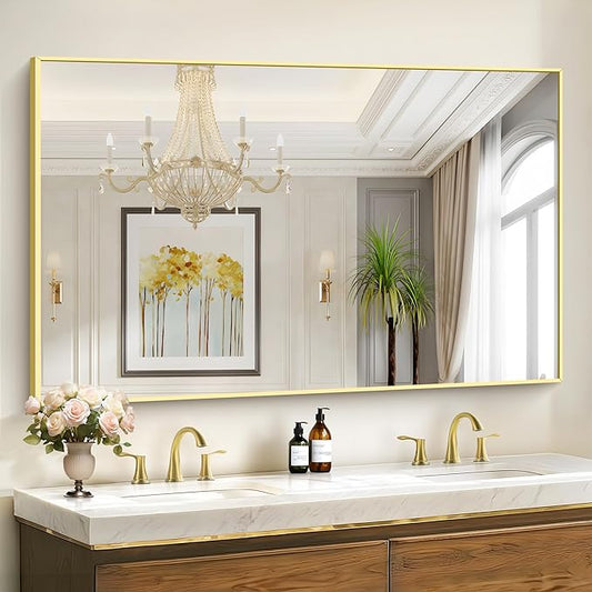 36x55inch Bathroom Mirror, Gold Rectangle Mirror with Thin Metal Frame, Large Rectangular Wall Mirror for Bathroom, Living Room, Hair Salon, Big Farmhouse Mirror Hang Horizontal/Vertical
