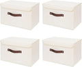 ANMINY 4PCS Storage Bins with Lid PU Leather Handles Storage Boxes PP Plastic Board Decorative Foldable Lidded Cotton Linen Fabric Home Cubes Baskets Closet Organizer Containers - Beige, Large Size