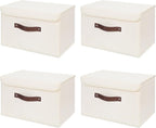ANMINY 4PCS Storage Bins with Lid PU Leather Handles Storage Boxes PP Plastic Board Decorative Foldable Lidded Cotton Linen Fabric Home Cubes Baskets Closet Organizer Containers - Beige, Large Size